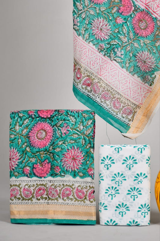 Hand block printed Maheshwari Silk zari border / Geecha border silk  Suits  Set with Duppatta