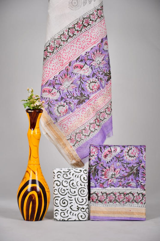 Hand block printed Maheshwari Silk zari border / Geecha border silk  Suits  Set with Duppatta