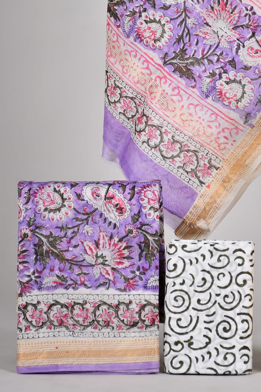 Hand block printed Maheshwari Silk zari border / Geecha border silk  Suits  Set with Duppatta