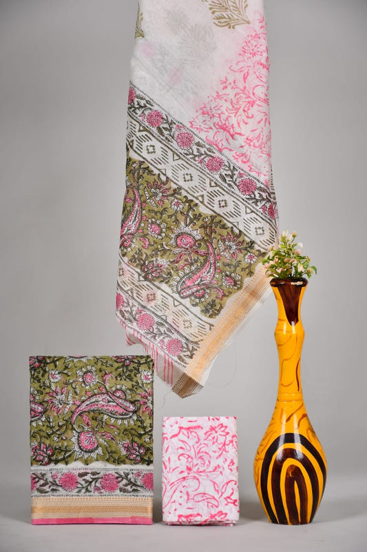 Hand block printed Maheshwari Silk zari border / Geecha border silk  Suits  Set with Duppatta