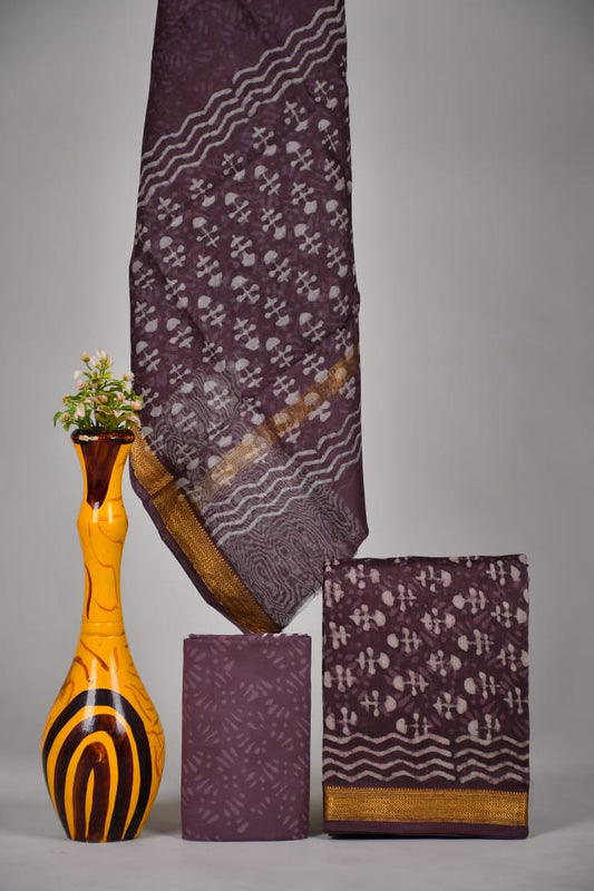 Hand block printed Maheshwari Silk zari border / Geecha border silk  Suits  Set with Duppatta