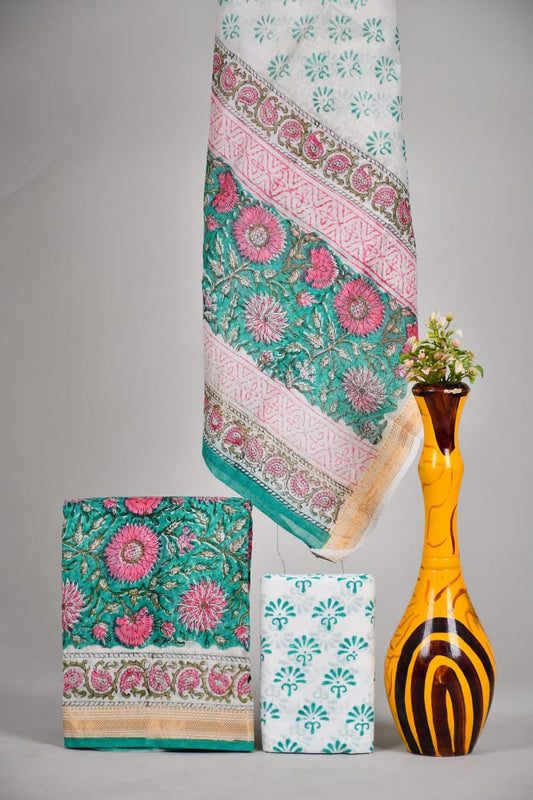 Hand block printed Maheshwari Silk zari border / Geecha border silk  Suits  Set with Duppatta