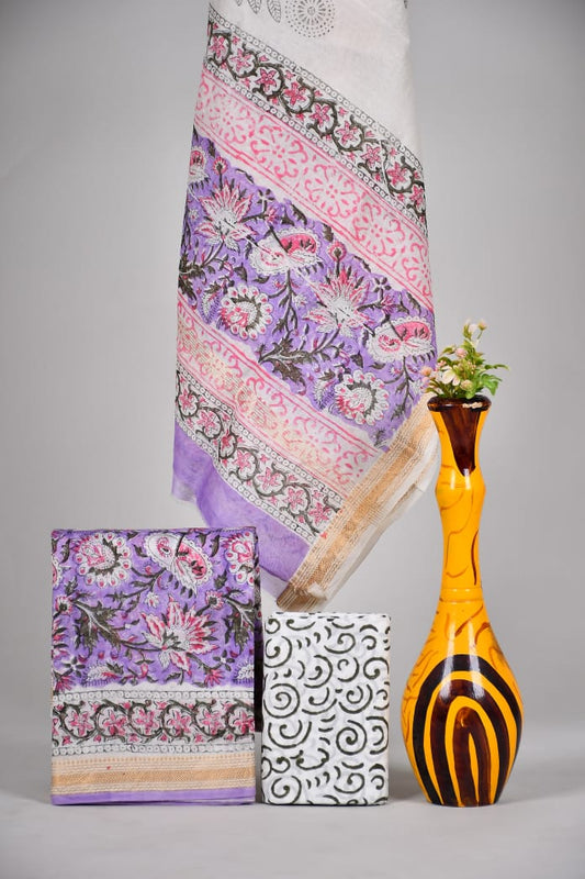 Hand block printed Maheshwari Silk zari border / Geecha border silk  Suits  Set with Duppatta