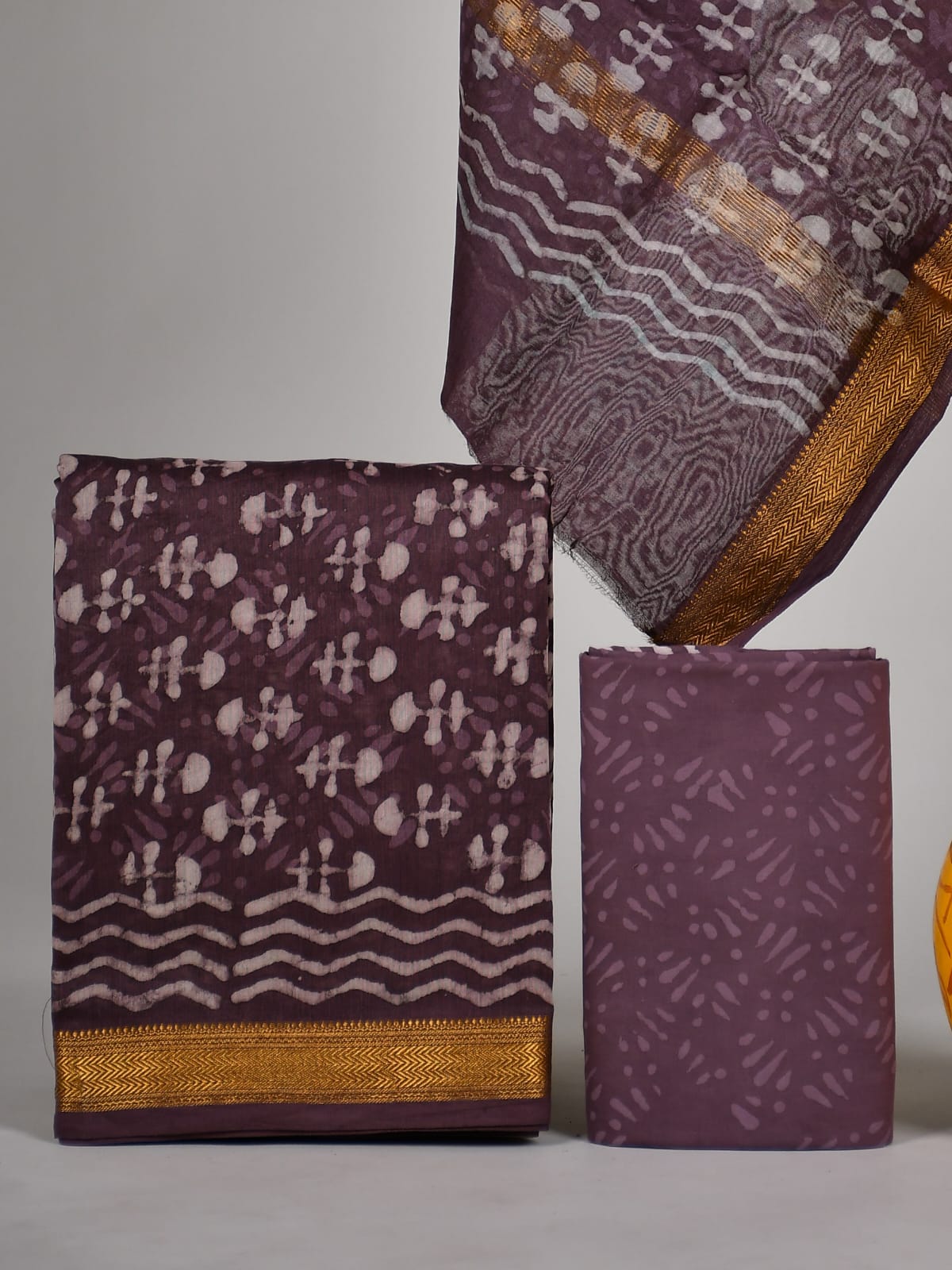 Hand block printed Maheshwari Silk zari border / Geecha border silk  Suits  Set with Duppatta