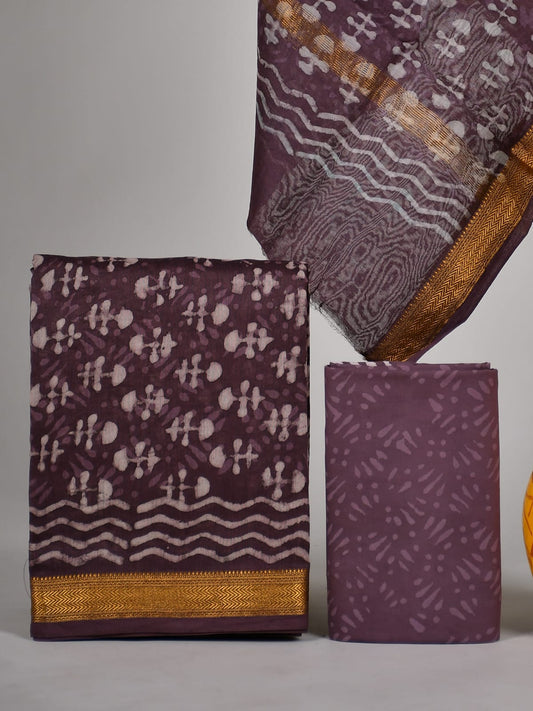 Hand block printed Maheshwari Silk zari border / Geecha border silk  Suits  Set with Duppatta