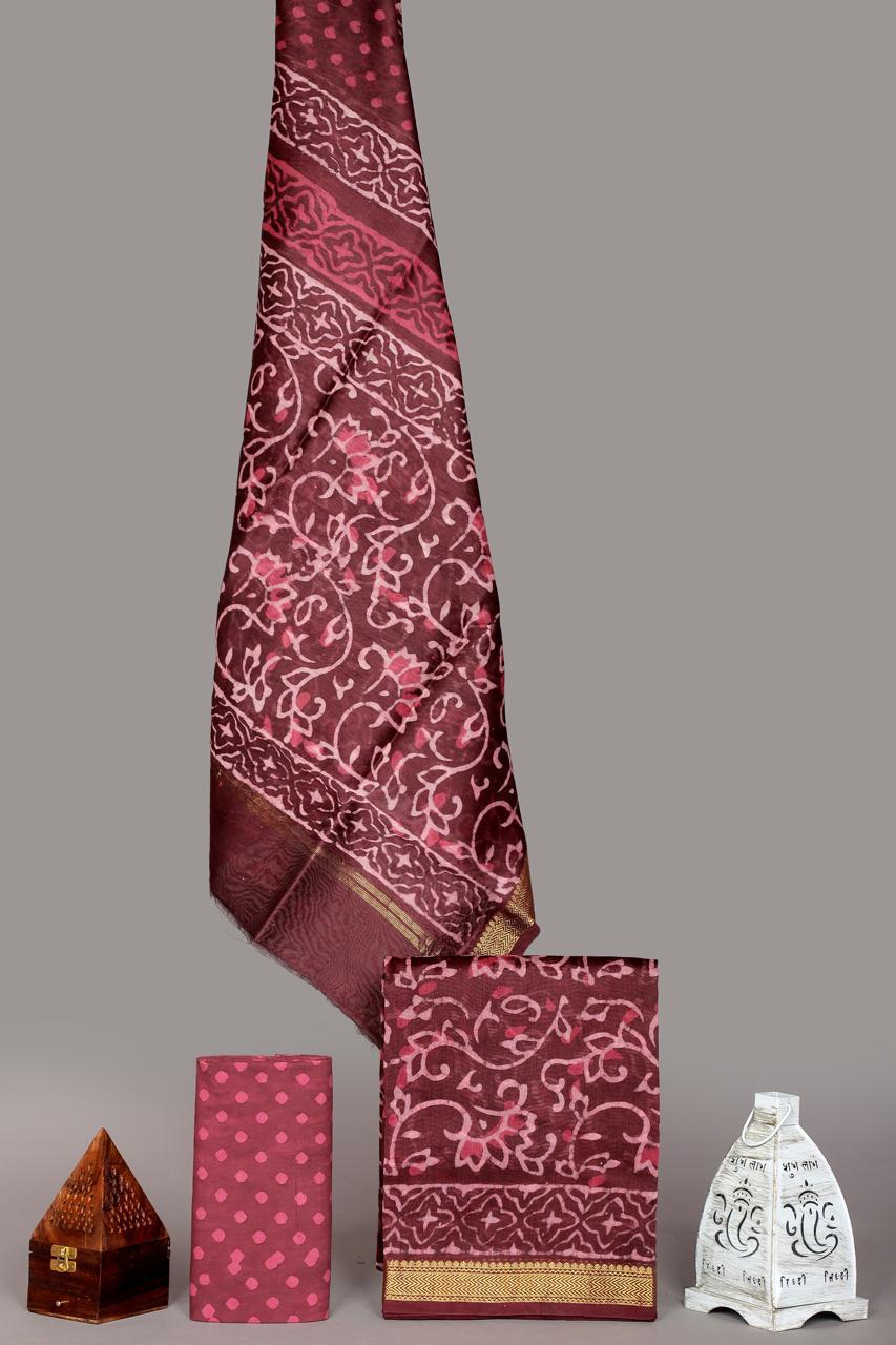 ”Maheshwari Silk Suits With Maheshwari Silk Dupatta And Cotton Bottom