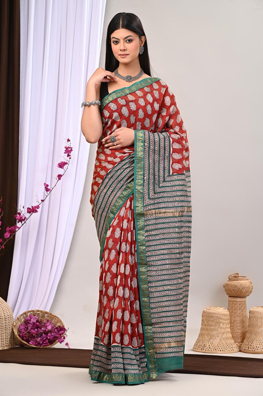 Exclusive Pure Hand Block Printed Maheshwari Sarees With Blouse