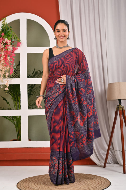 Hand Block Printed Ajrakh Soft Malmal Cotton Saree