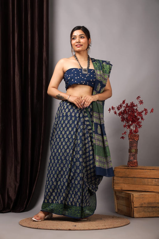 Hand Block Printed Ajrakh Soft Malmal Cotton Saree