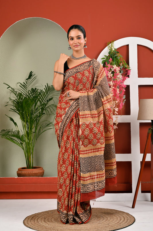 Hand Block Printed Ajrakh Soft Malmal Cotton Saree