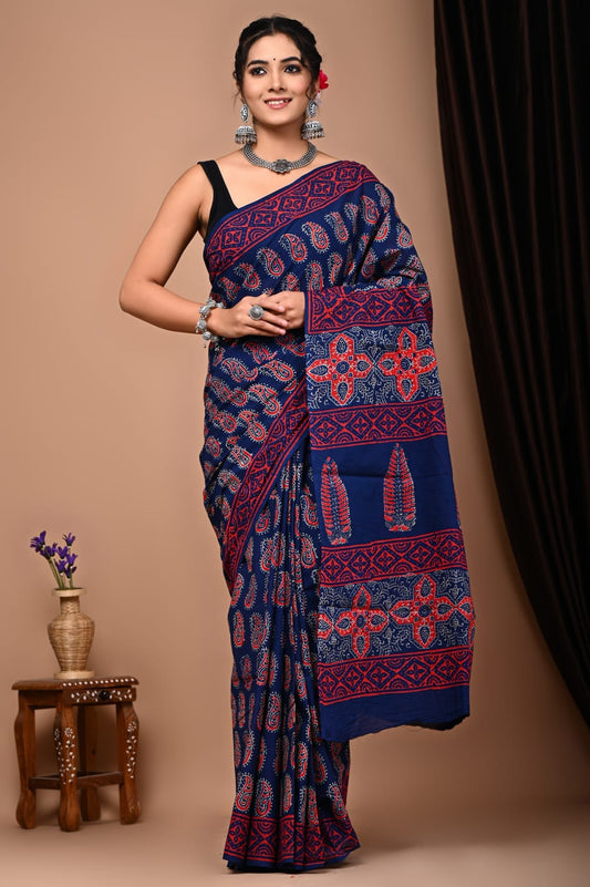 Hand Block Printed Ajrakh Soft Malmal Cotton Saree