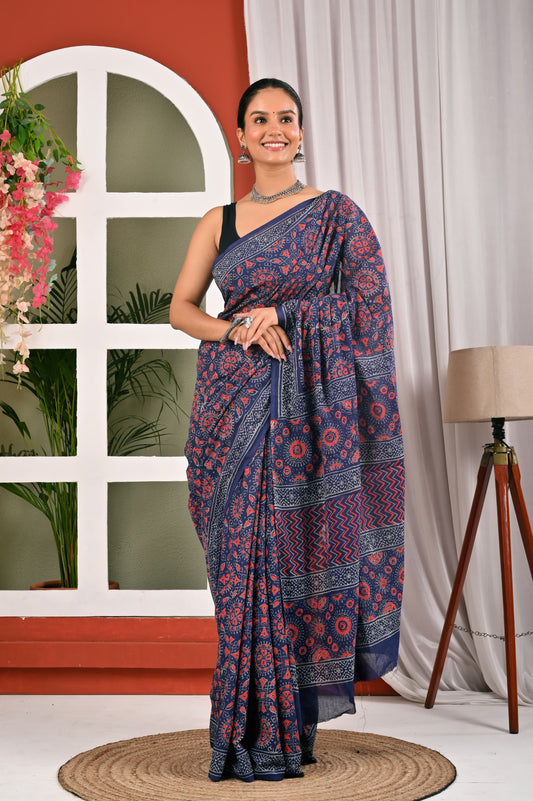 Hand Block Printed Ajrakh Soft Malmal Cotton Saree