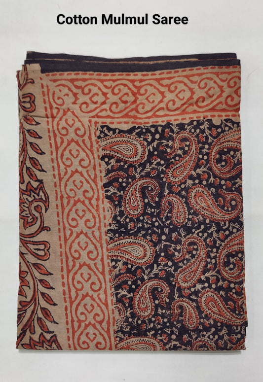 Hand Block Printed Ajrakh Soft Malmal Cotton Saree