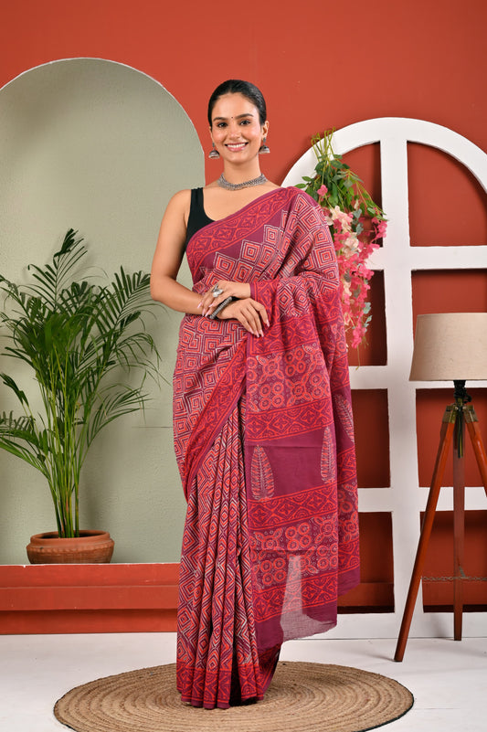 Hand Block Printed Ajrakh Soft Malmal Cotton Saree
