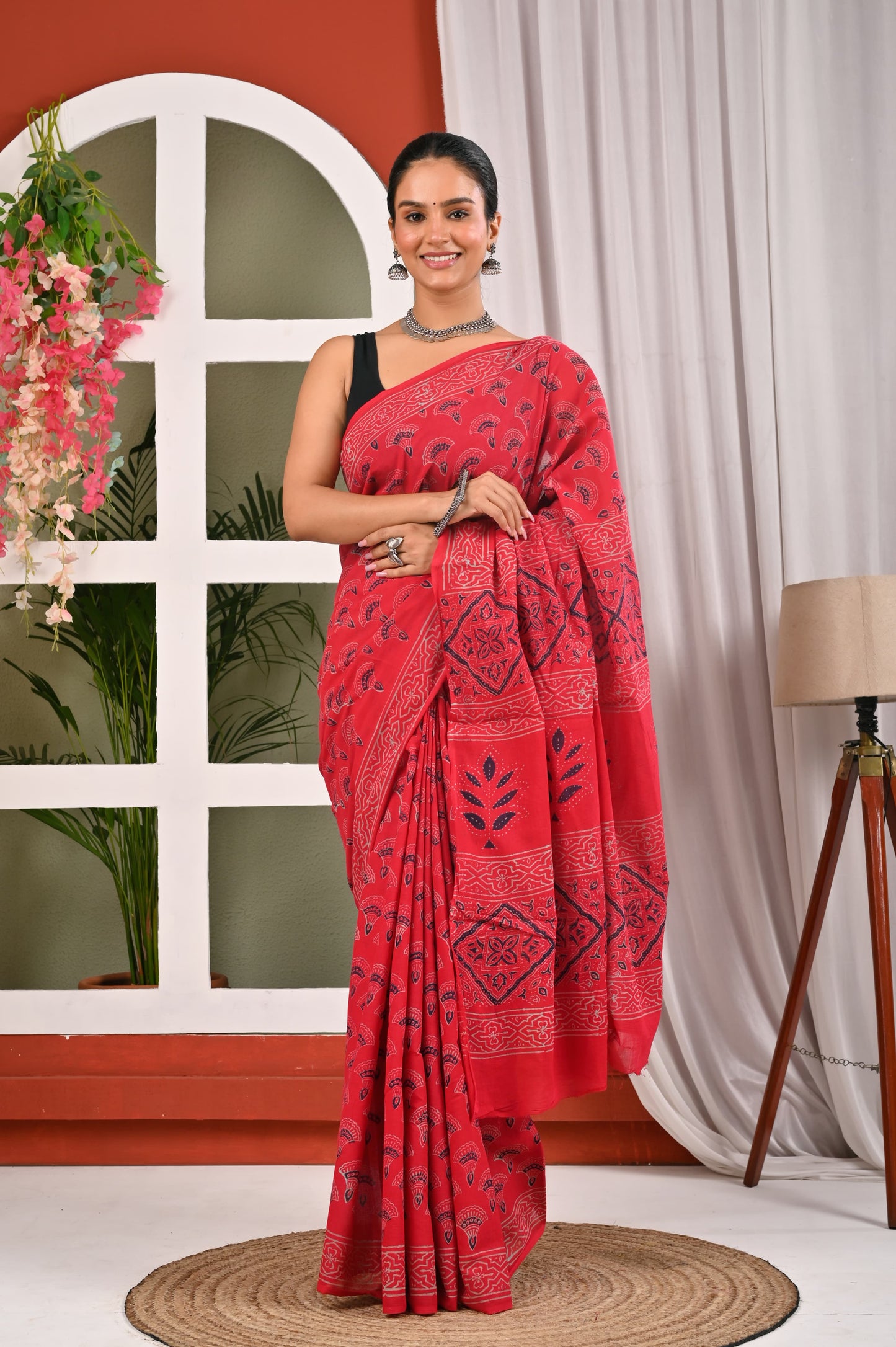 Hand Block Printed Ajrakh Soft Malmal Cotton Saree