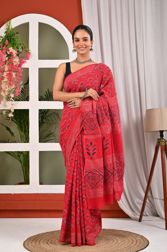 Hand Block Printed Ajrakh Soft Malmal Cotton Saree