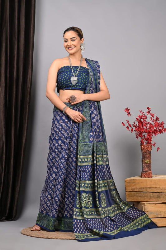 Hand Block Printed Ajrakh Soft Malmal Cotton Saree