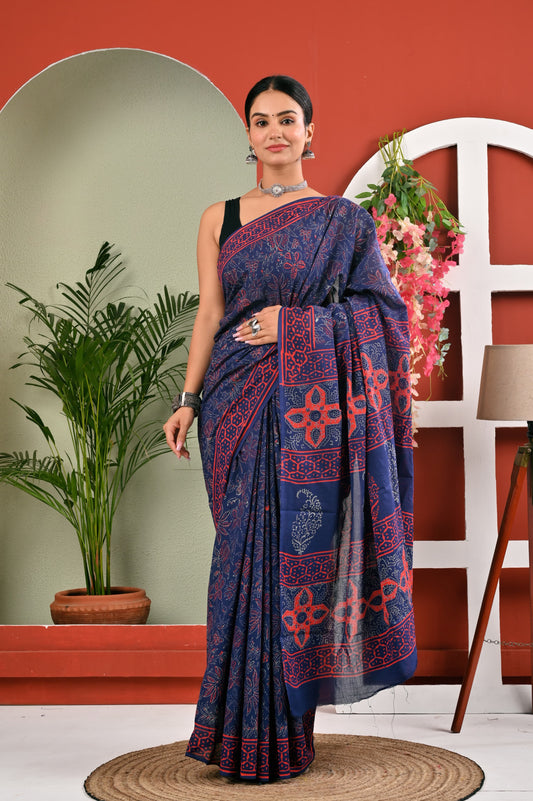 Hand Block Printed Ajrakh Soft Malmal Cotton Saree