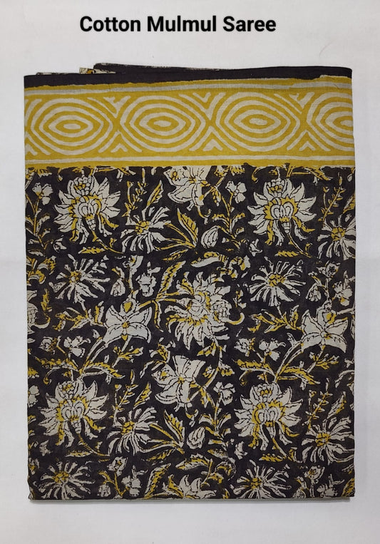 Hand Block Printed Ajrakh Soft Malmal Cotton Saree
