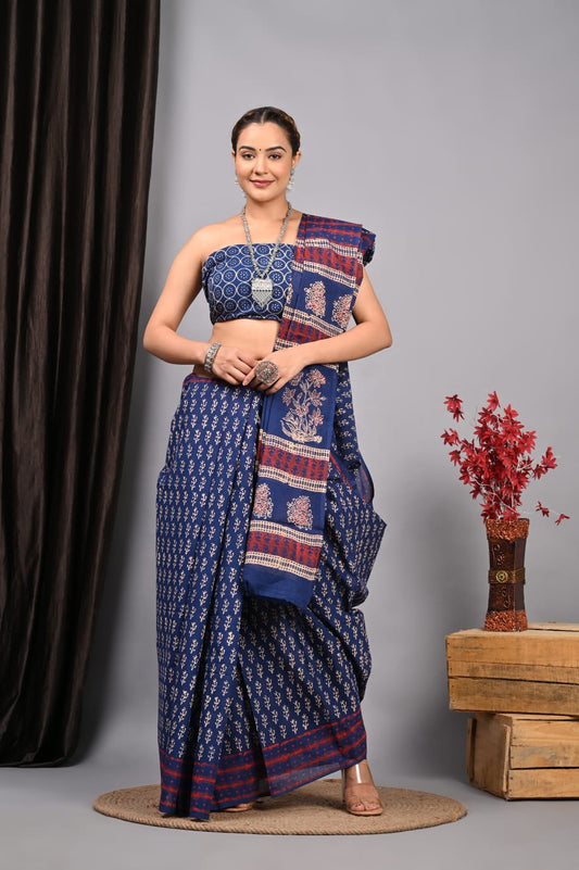 Hand Block Printed Ajrakh Soft Malmal Cotton Saree