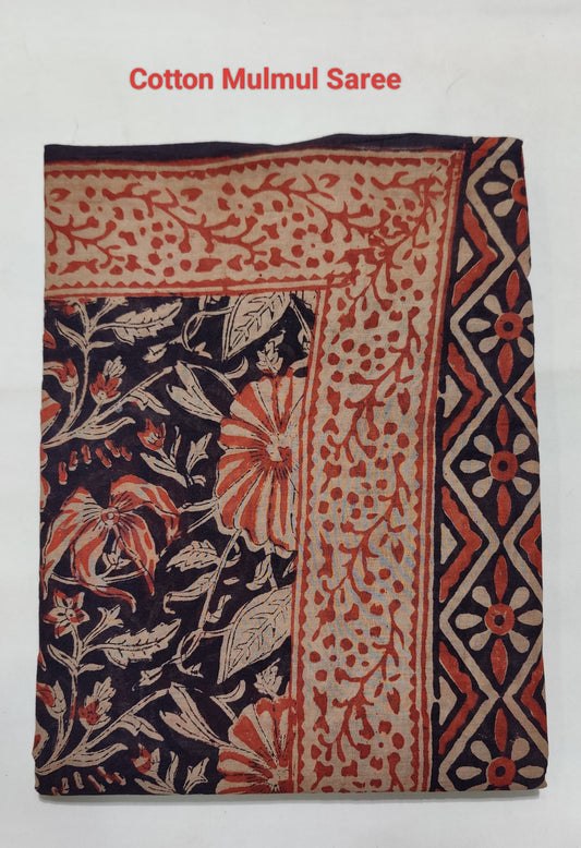 Hand Block Printed Ajrakh Soft Malmal Cotton Saree