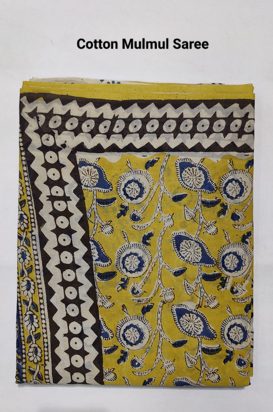 Hand Block Printed Ajrakh Soft Malmal Cotton Saree