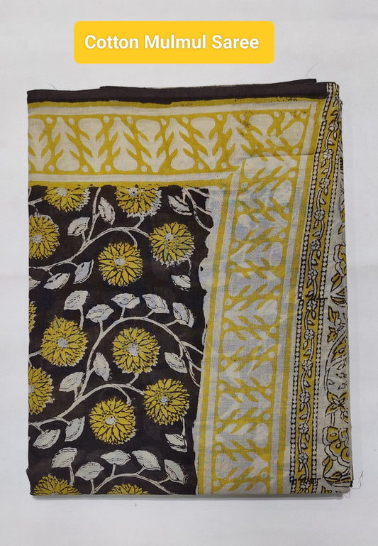 Hand Block Printed Ajrakh Soft Malmal Cotton Saree
