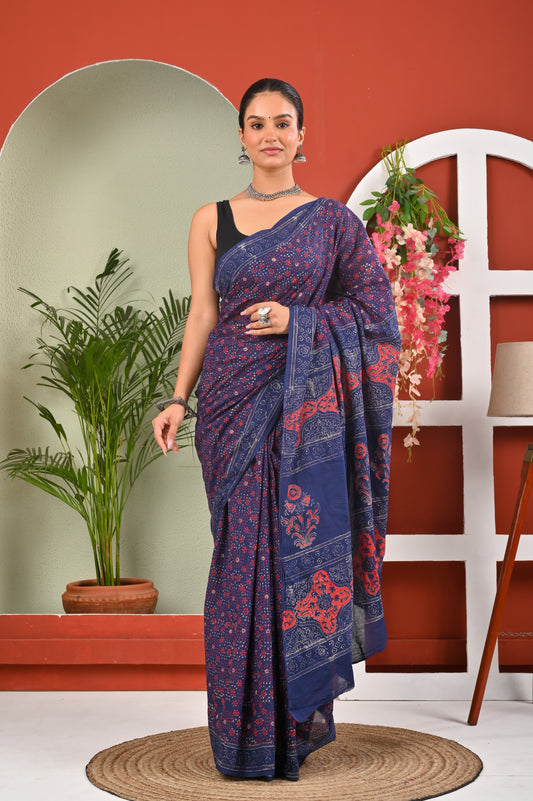 Hand Block Printed Ajrakh Soft Malmal Cotton Saree