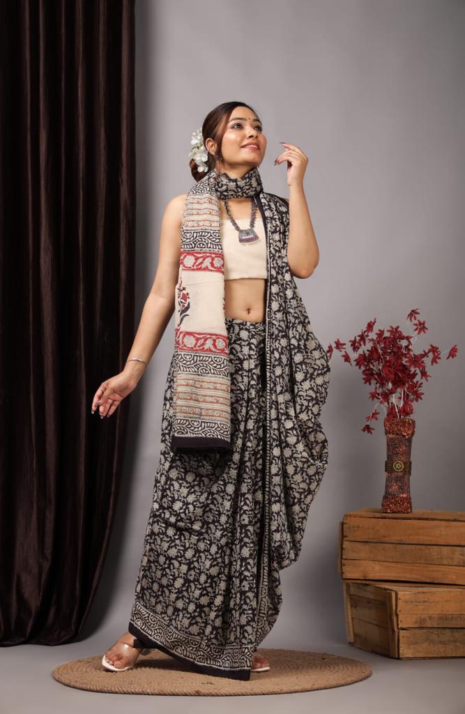 Hand Block Printed Ajrakh Soft Malmal Cotton Saree