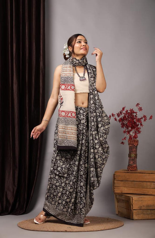 Hand Block Printed Ajrakh Soft Malmal Cotton Saree
