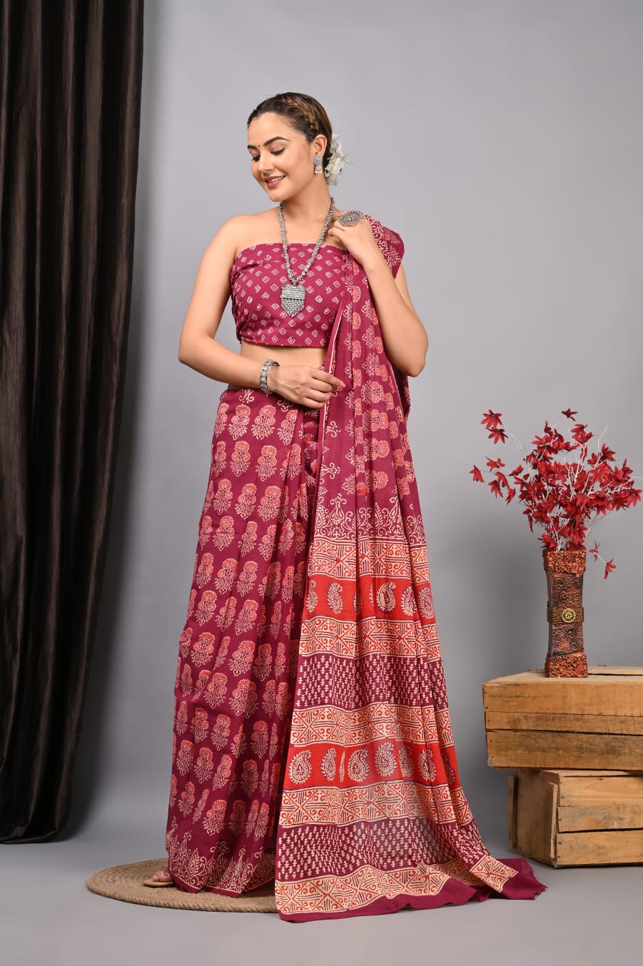 Hand Block Printed Ajrakh Soft Malmal Cotton Saree