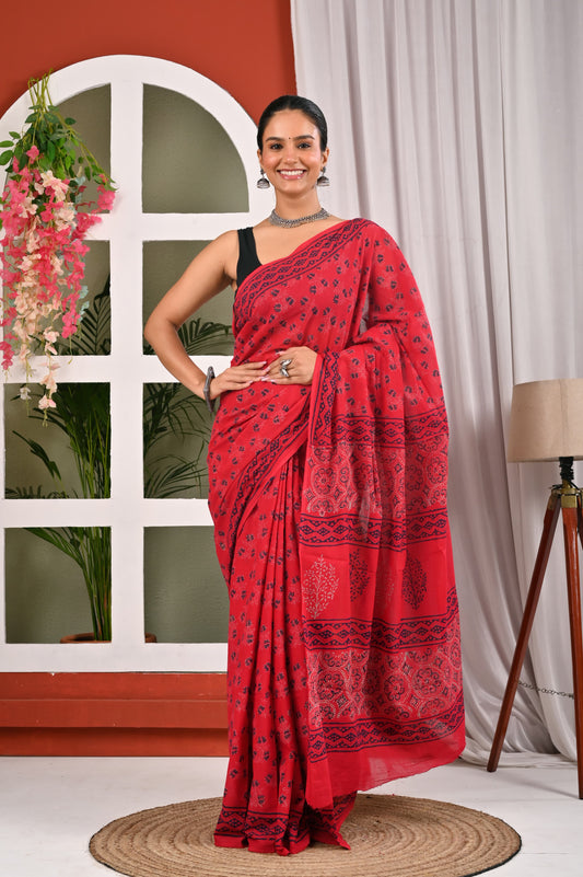 Hand Block Printed Ajrakh Soft Malmal Cotton Saree