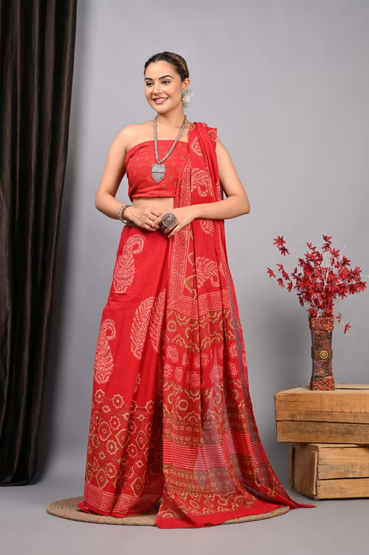 Hand Block Printed Ajrakh Soft Malmal Cotton Saree