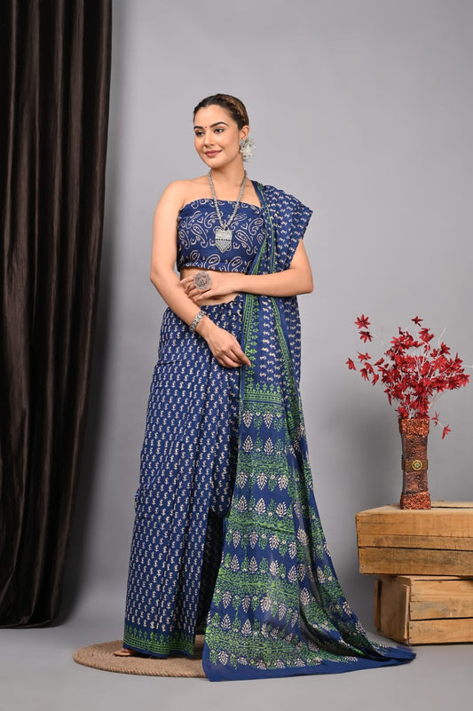 Hand Block Printed Ajrakh Soft Malmal Cotton Saree