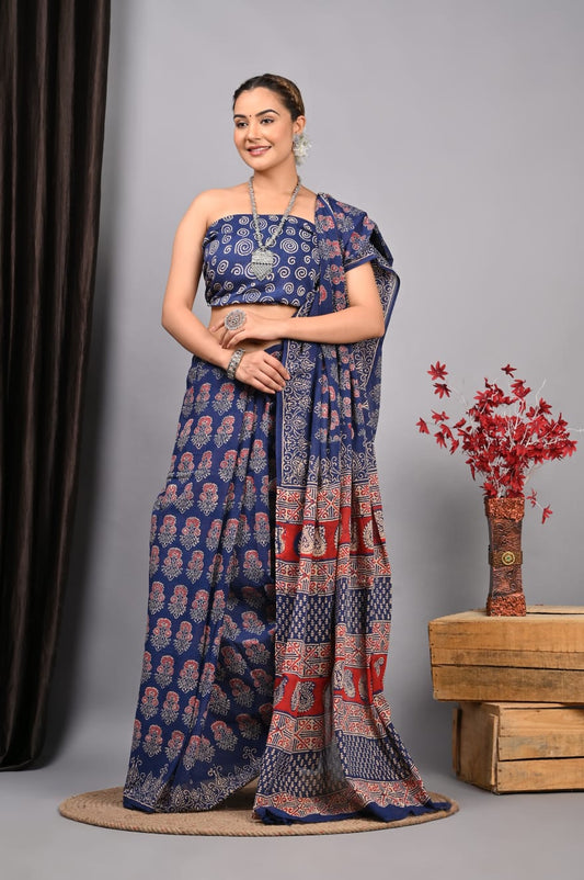 Hand Block Printed Ajrakh Soft Malmal Cotton Saree