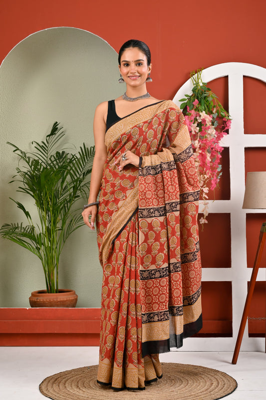 Hand Block Printed Ajrakh Soft Malmal Cotton Saree