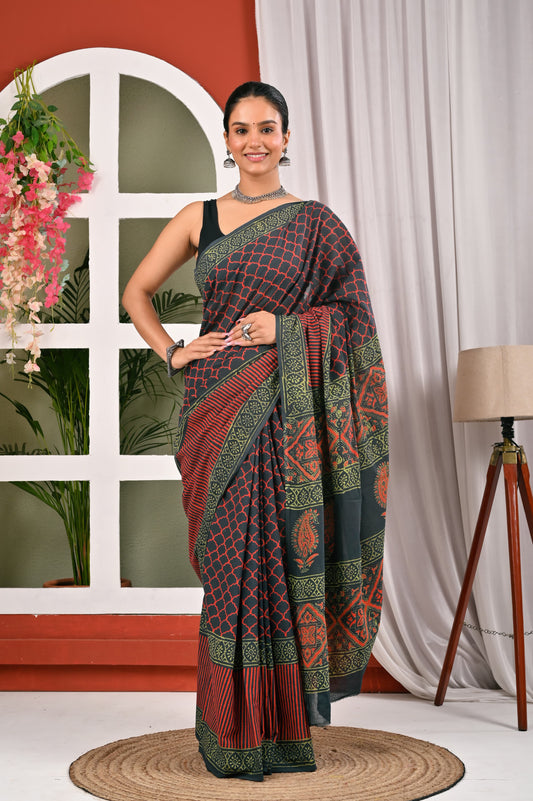 Hand Block Printed Ajrakh Soft Malmal Cotton Saree