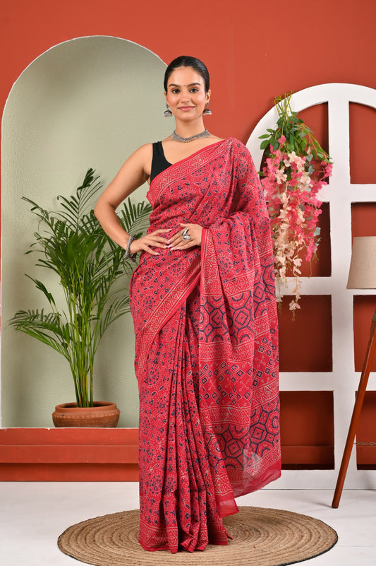 Hand Block Printed Ajrakh Soft Malmal Cotton Saree