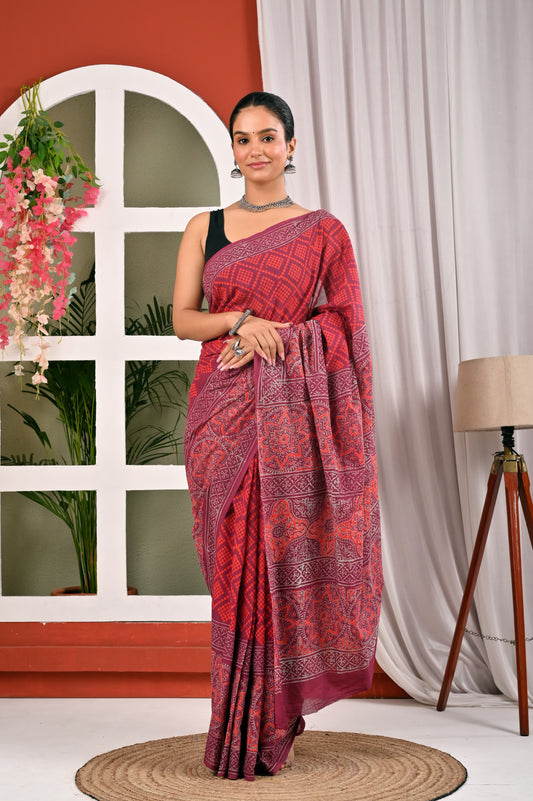 Hand Block Printed Ajrakh Soft Malmal Cotton Saree