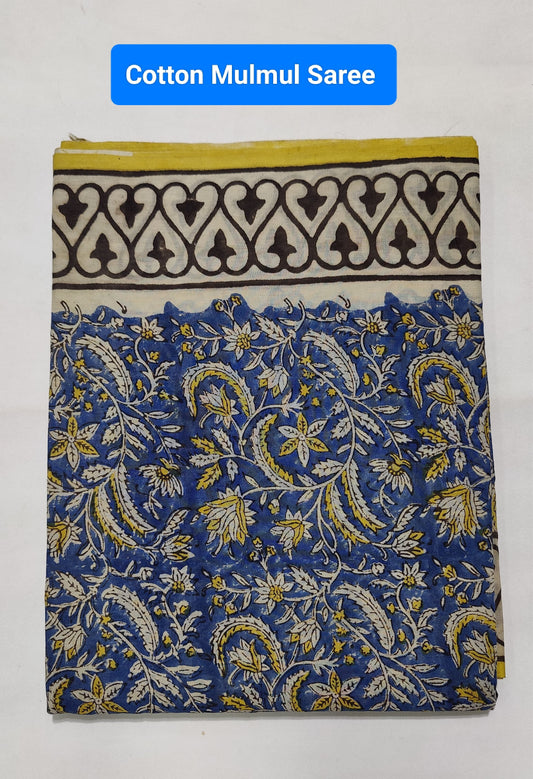 Hand Block Printed Ajrakh Soft Malmal Cotton Saree