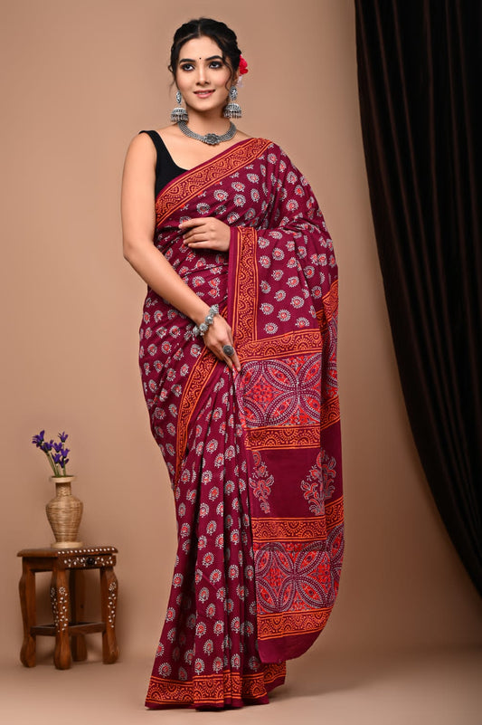 Hand Block Printed Ajrakh Soft Malmal Cotton Saree