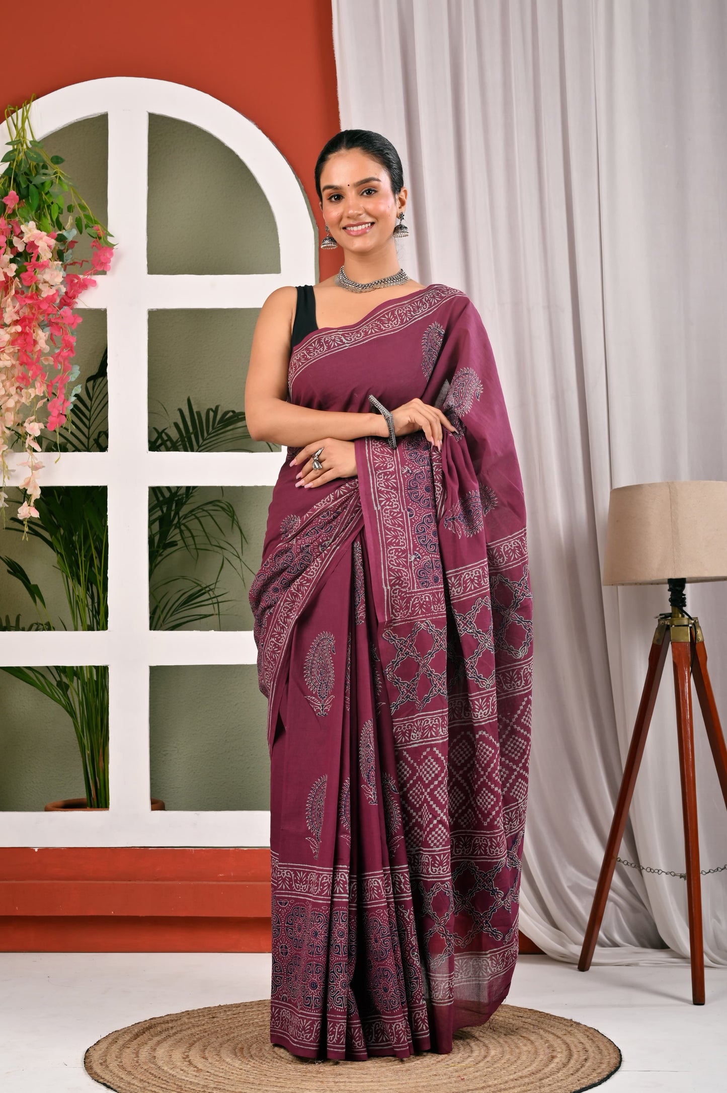 Hand Block Printed Ajrakh Soft Malmal Cotton Saree