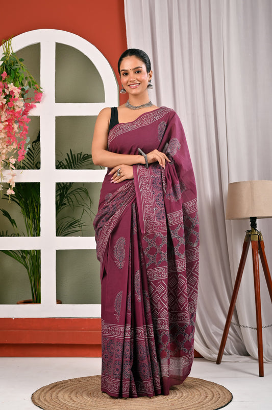 Hand Block Printed Ajrakh Soft Malmal Cotton Saree