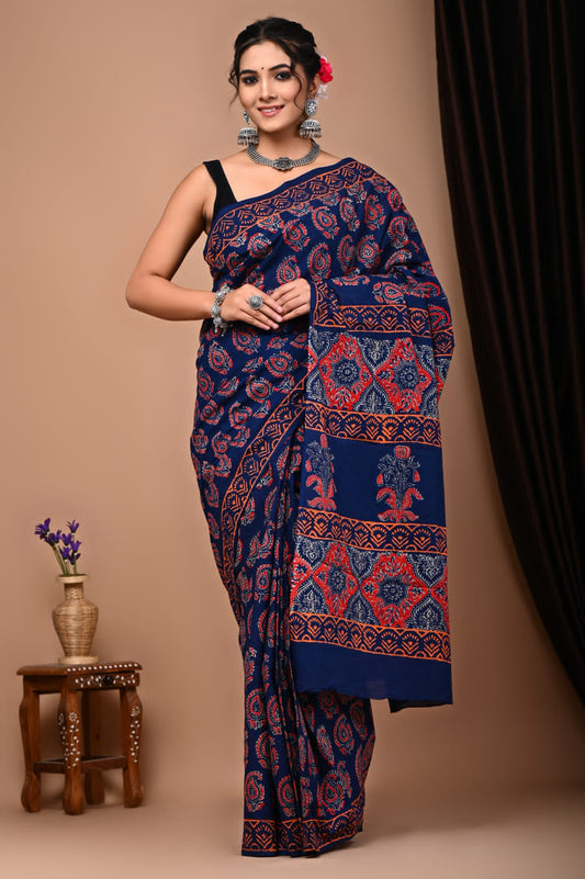 Hand Block Printed Ajrakh Soft Malmal Cotton Saree