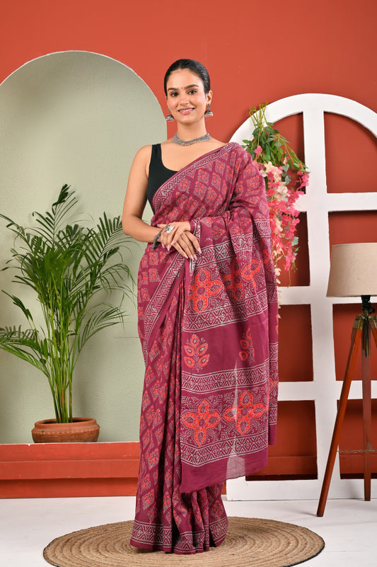 Hand Block Printed Ajrakh Soft Malmal Cotton Saree