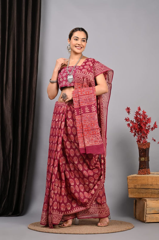 Hand Block Printed Ajrakh Soft Malmal Cotton Saree
