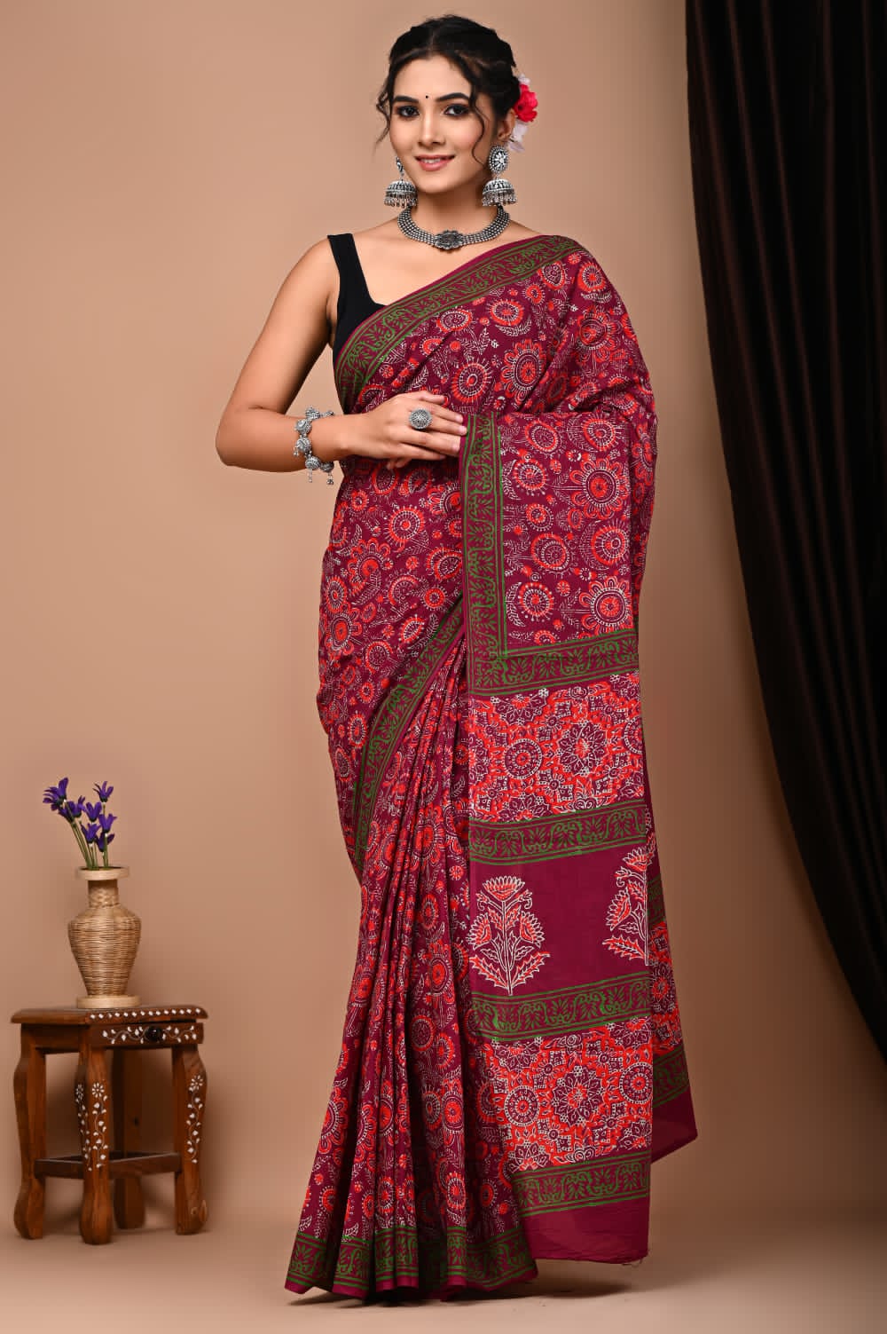 Hand Block Printed Ajrakh Soft Malmal Cotton Saree