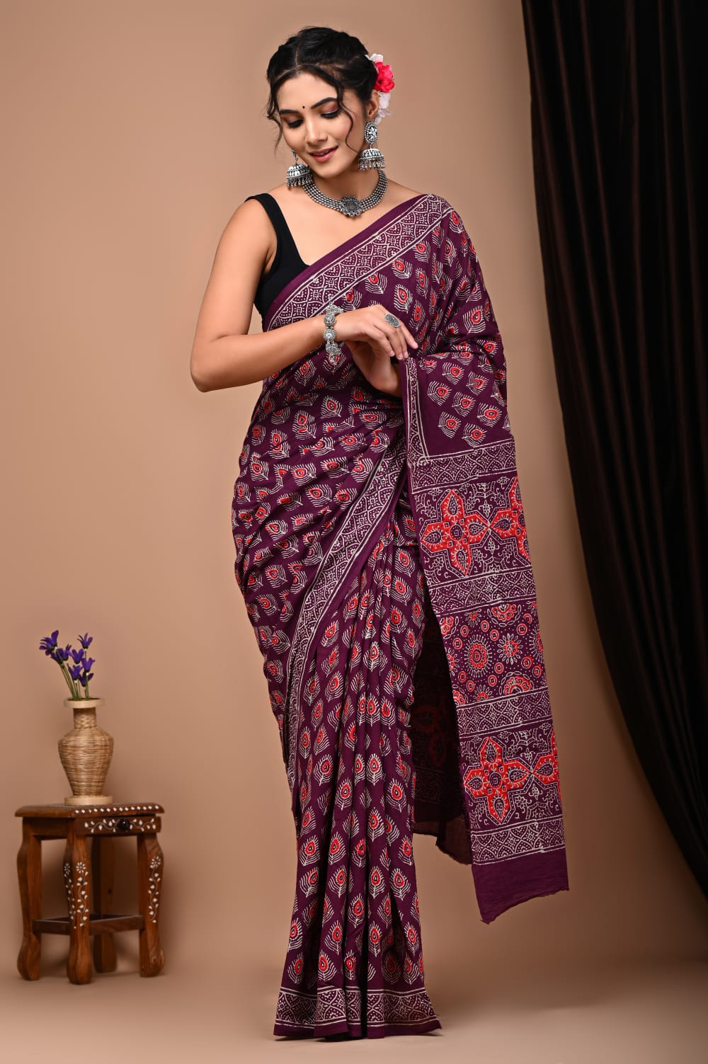 Hand Block Printed Ajrakh Soft Malmal Cotton Saree