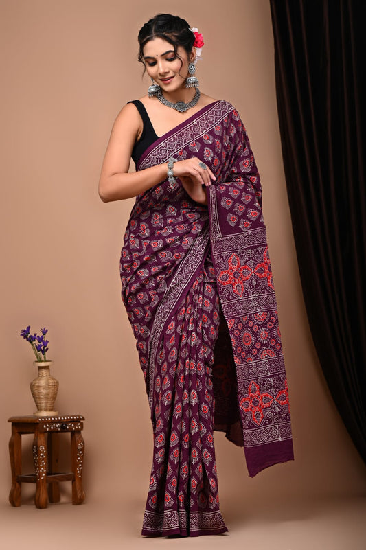 Hand Block Printed Ajrakh Soft Malmal Cotton Saree