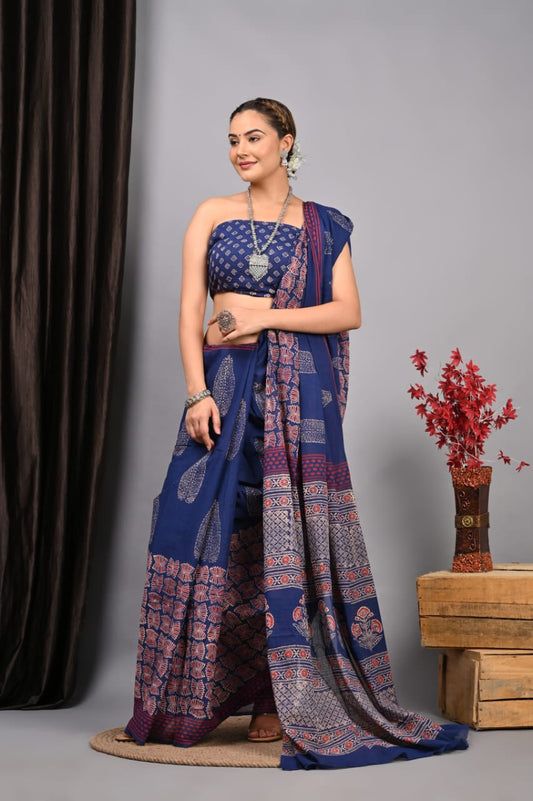 Hand Block Printed Ajrakh Soft Malmal Cotton Saree